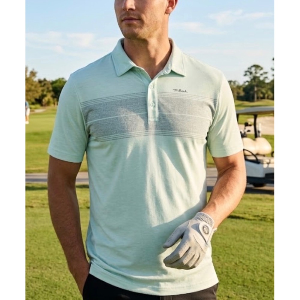TravisMathew Mens XL Polo Shirt Mint Green Grey Striped Short Sleeve Golf Top